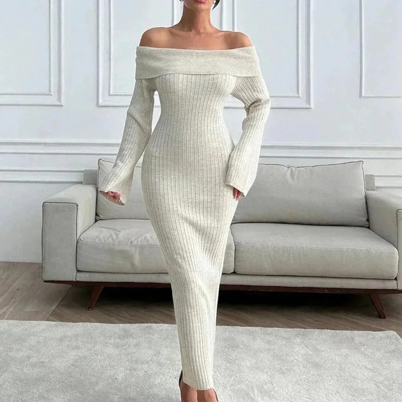 Apricot Elegant Women's Off Shoulder Sweater Maxi Dress - Picture 3 of 7